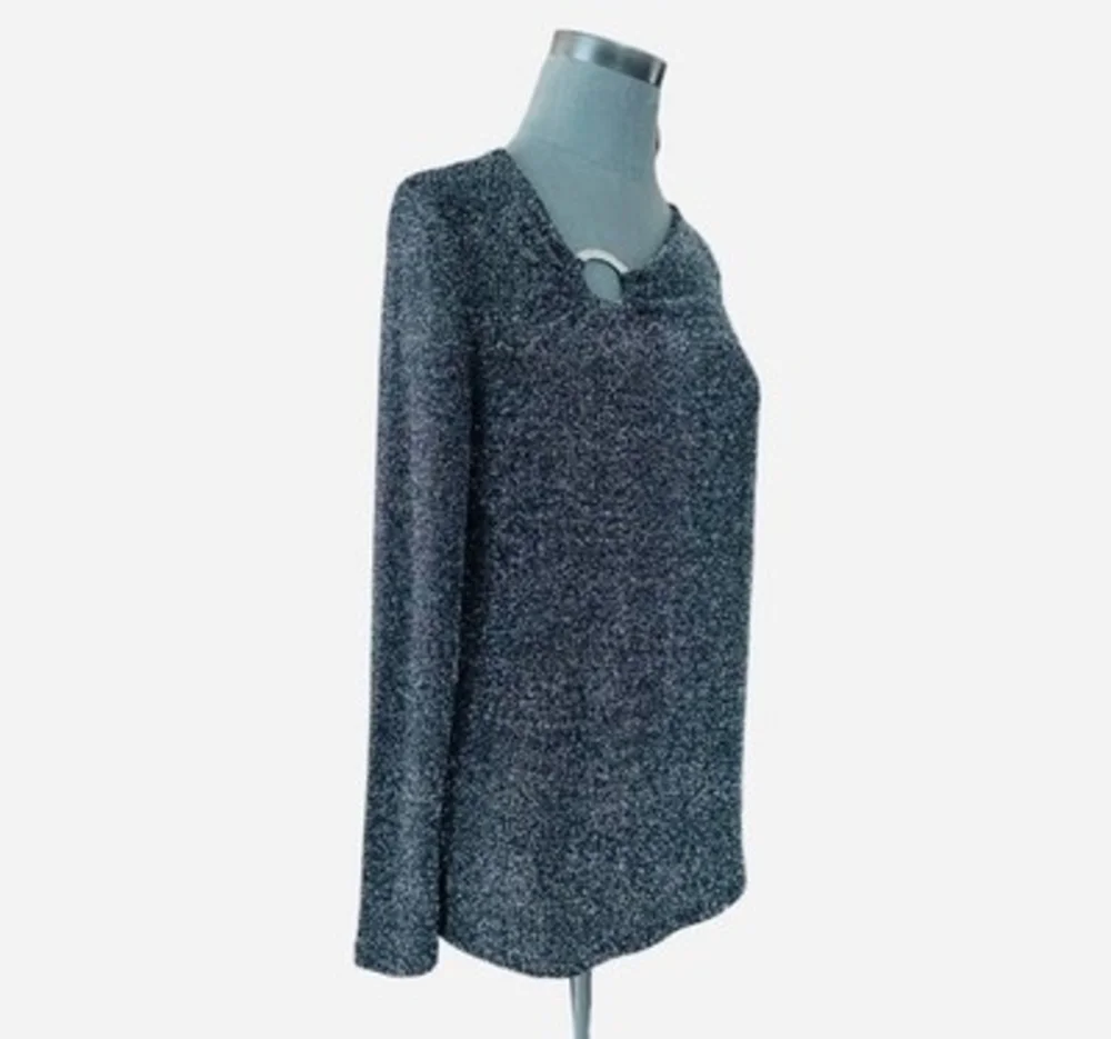 MICHAEL KORS Womens Blouse M Black Metallic Silver Lurex Long Sleeve Top EXC